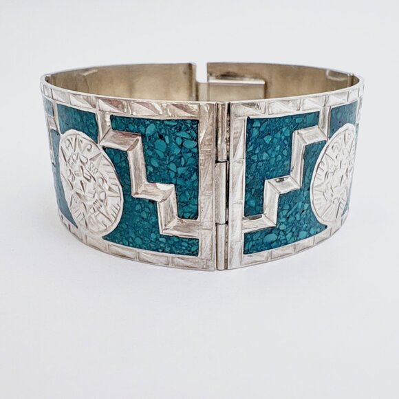 Sterling Silver Turquoise Inlay Aztec Calendar Motifs Hinged Cuff Bracelet 6.75" - Picture 4 of 11